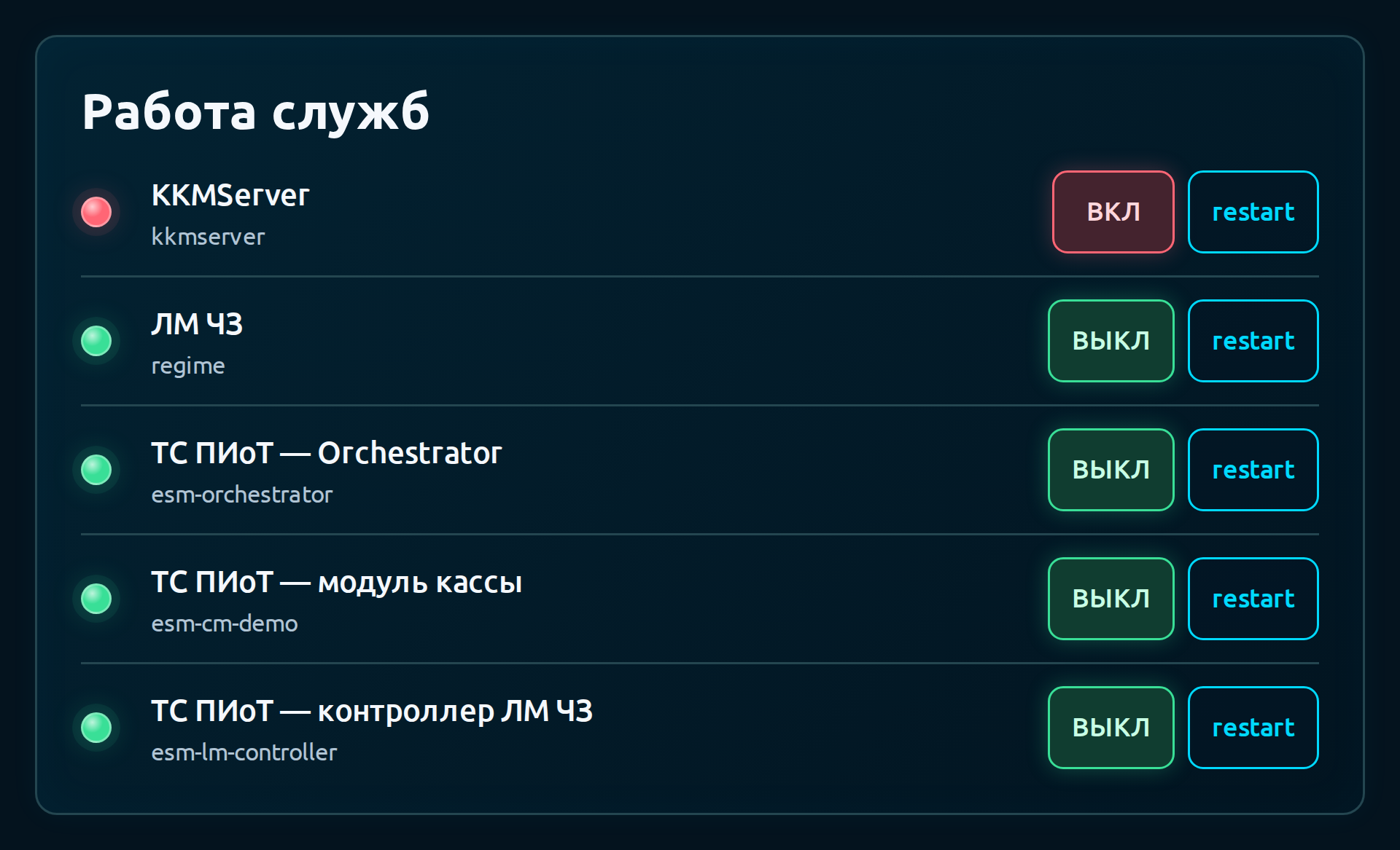 Настоящий экран управления службами: для остановленной KKMServer доступна кнопка ВКЛ.